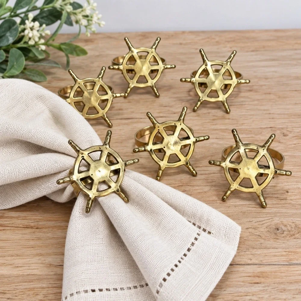 6 Brass Metal Ship Wheel Napkin Rings Nautical Decorative Table Decor Gold Tone